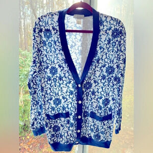 ECCOBAY S blue and white floral design cardigan w/white flower full button front